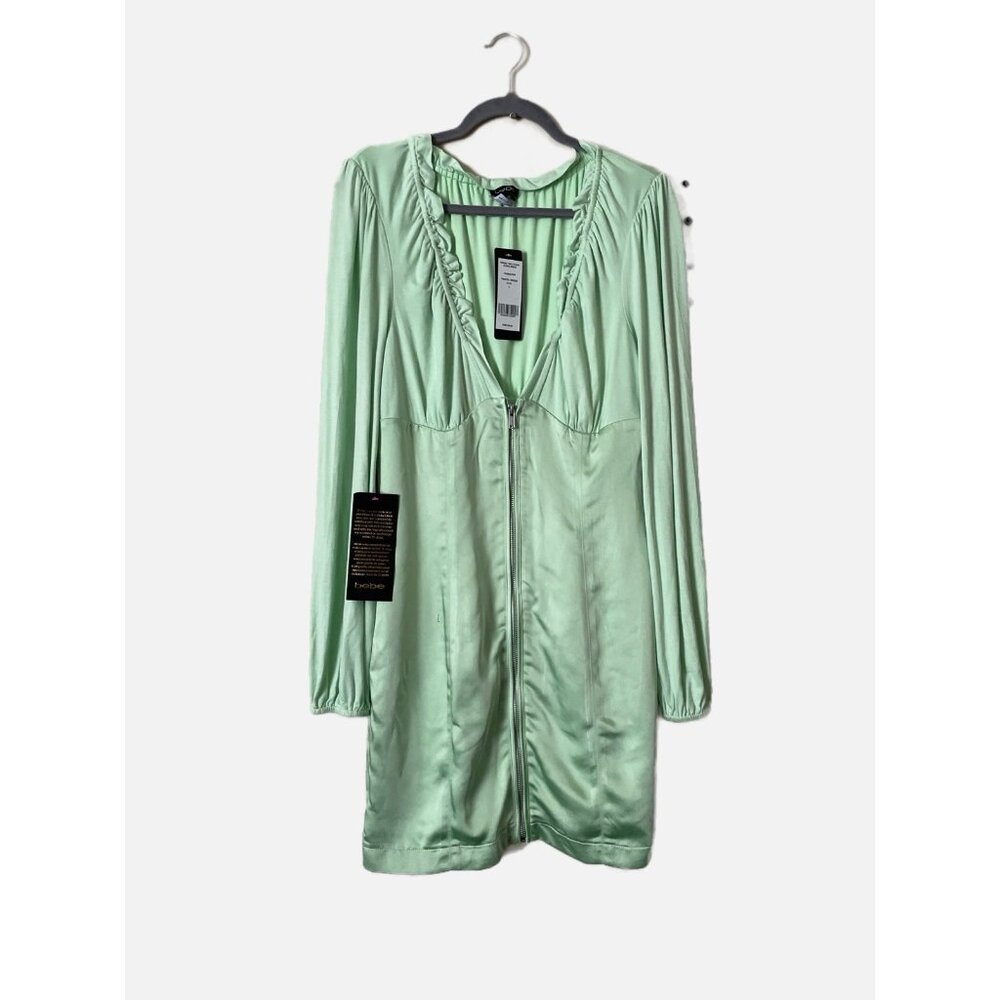 Bebe Women Pastel Green Twill V-Neck Zipper Front Dress Fully Lined Size L New.